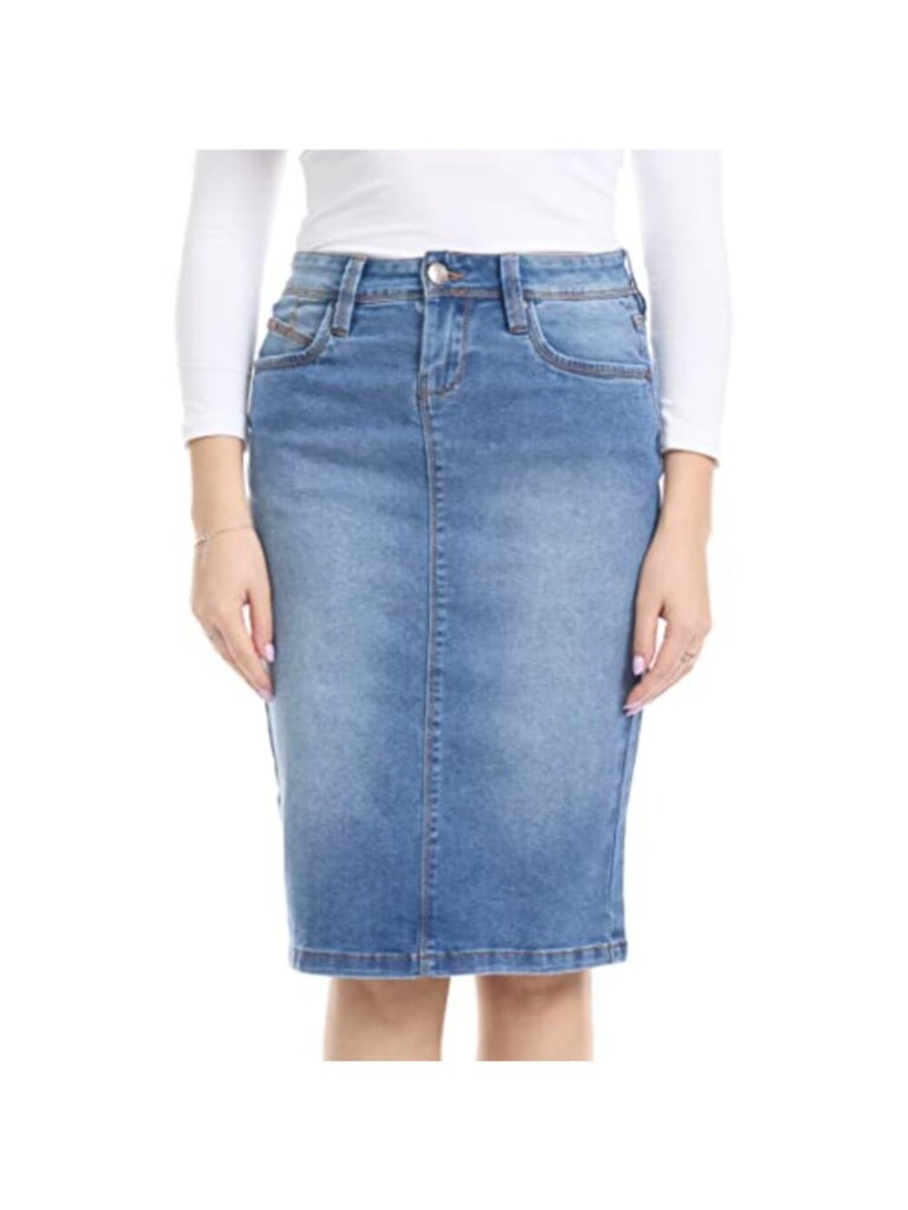 Esteez Denim Jean Pencil Skirt Knee Length Stretch Modest 5-Pocket